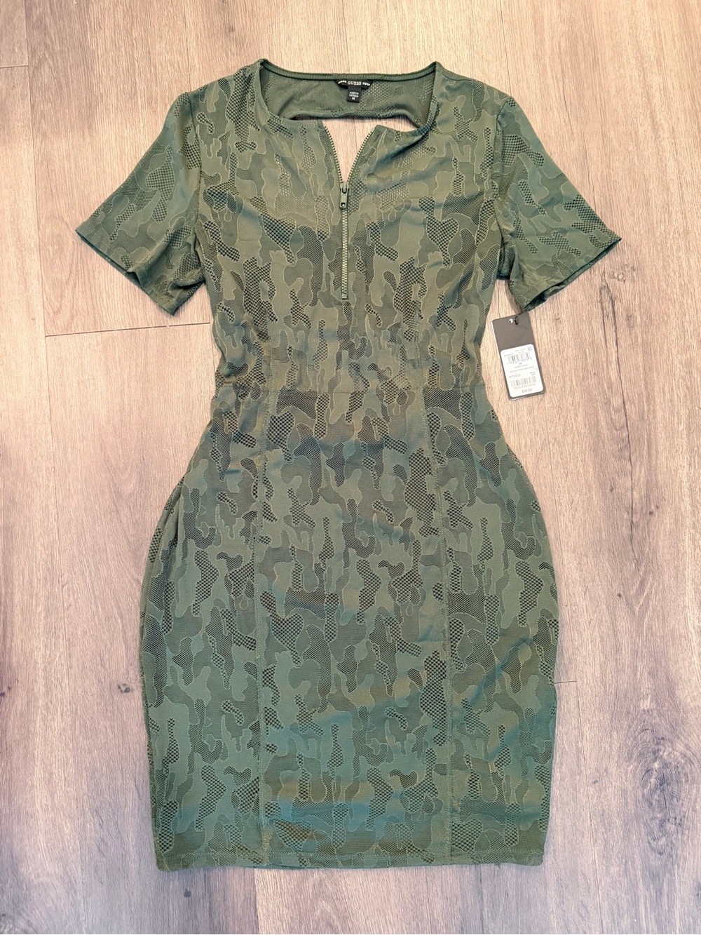 Guess Olive Green Camo Zip-Front Bodycon Mini Dress